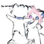  1:1 anthro arctic_fox blue_eyes blue_sclera canid canine collar duo fluffy fluffy_tail fox fur hair heterochromia hi_res male mammal pink_eyes pink_hair pink_sclera sarah_(snoiifoxxo) simple_background snoii_(snoiifoxxo) snoiifoxxo t-pose text tuft white_background white_body white_fur 