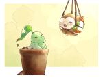  bird blush border chikorita closed_eyes closed_mouth commentary_request flower_pot hanging happy highres no_humans open_mouth pkpokopoko3 pokemon pokemon_(creature) rowlet smile soil white_border yellow_background 