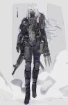  1girl absurdres ak-15 ak-15_(girls&#039;_frontline) body_armor buckle color_guide defy_(girls&#039;_frontline) detached_sleeves full_body girls&#039;_frontline gun gun_on_back half_mask highres holding holding_knife kalashnikov_rifle knife long_hair looking_at_viewer mask nslacka pouch purple_eyes rifle sheath sheathed simple_background solo tactical_clothes throwing_knife weapon weapon_on_back white_hair 