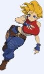  baggy_pants bare_shoulders belt beltskirt blonde_hair blue_eyes blue_gloves blue_mary breasts brown_footwear covered_nipples crop_top denim fingerless_gloves forehead gloves hibaneim highres jeans jumping large_breasts looking_at_viewer loose_belt medium_hair midriff pants parted_lips simple_background sketch sleeveless_turtleneck_crop_top straight_hair sweat the_king_of_fighters turtleneck_crop_top 