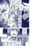  aira_kokonatsu anthro black_sclera blue_and_white clothed clothing comic demon edit english_text fangs female gen_kiryu hand_mouth hard_translated hi_res horn human male mammal monochrome muscular muscular_male pants_only partially_clothed popwitter_ox senri_ooedo size_difference standing text tongue translated 