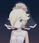  1girl alternate_costume alternate_hairstyle aqua_eyes bare_shoulders blonde_hair bridal_veil chocomiru closed_mouth commentary_request dress earrings hair_bun hair_over_one_eye jewelry mario_(series) non-web_source one_eye_covered princess rosalina single_hair_bun smile solo source_request standing star_(symbol) star_earrings strapless strapless_dress super_mario_galaxy upper_body veil wedding_dress white_dress 