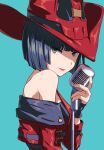  1girl back bare_shoulders bbhdrrr black_hair blue_background blue_eyes bob_cut breasts cleavage dress from_side green_eyes guilty_gear guilty_gear_xrd hat heterochromia highres i-no looking_at_viewer microphone mole mole_above_mouth o-ring o-ring_top red_headwear shaded_face short_dress short_sleeves simple_background solo witch witch_hat 