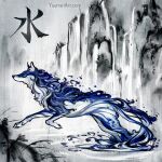  1:1 2019 blue_body blue_eyes blue_fur canid canine canis detailed_background feral fur kanji mammal partially_submerged quadruped solo text url water waterfall white_body white_fur wolf yuumei 