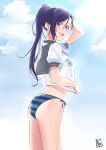  1girl :d akira_miku_ver arched_back bikini blue_bikini blue_hair collared_shirt day grey_sailor_collar hair_between_eyes high_ponytail highres long_hair love_live! love_live!_sunshine!! matsuura_kanan midriff open_mouth outdoors purple_eyes sailor_collar sailor_shirt see-through see-through_shirt shirt short_sleeves side-tie_bikini_bottom smile solo standing striped striped_bikini swimsuit very_long_hair wet wet_clothes wet_shirt white_shirt 