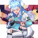  021_shiro 1girl absurdres antenna_hair blue_hair blue_nails blush closed_eyes crop_top earrings guitar highres holding holding_instrument holding_plectrum hololive hololive_indonesia instrument jewelry kobo_kanaeru long_hair long_sleeves multicolored_hair music navel open_mouth pants playing_instrument plectrum smile solo stud_earrings virtual_youtuber white_hair white_pants 