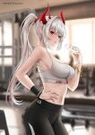  1girl artist_name bangs blurry blurry_background blush breasts dragon eirwen_(ryuuneart) grey_hair gym hair_ornament highres holding large_breasts legs long_hair looking_at_viewer medium_breasts navel original pants parted_lips red_eyes ryuuneart smile solo sports_bra sweat wristband 