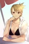  1girl alternate_costume bangs bikini black_bikini blonde_hair breasts brown_eyes closed_mouth commentary_request earrings folded_ponytail fullmetal_alchemist jacket jewelry looking_at_viewer medium_breasts open_clothes open_jacket riza_hawkeye simple_background smile solo swimsuit takafuji_yuna 