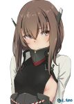  1girl 4690_(tkpbsk) bangs blush breasts brown_eyes brown_hair closed_mouth hair_between_eyes headband headgear kantai_collection looking_to_the_side medium_hair simple_background small_breasts solo taihou_(kancolle) twitter_username upper_body white_background 