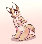  2022 anthro barkyeet black_nose breasts canid canine canis digital_media_(artwork) female fur genitals gradient_background hi_res jackal kneeling looking_at_viewer mammal navel nipples nude pussy signature simple_background solo tan_body tan_fur white_body white_fur 