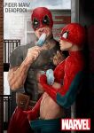  2boys aya_(the_fuzzy_aya) black_shirt blue_bodysuit bodysuit bodysuit_pull character_name copyright_name deadpool food highres holding holding_food large_pectorals male_focus male_pubic_hair marvel mask mask_pull multiple_boys muscular muscular_male pectorals peter_parker popsicle pubic_hair red_bodysuit shirt spider-man spider-man_(series) sweat tongue tongue_out two-tone_bodysuit 