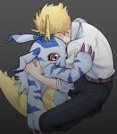  animal_skin anthro bandai_namco blonde_hair claws digimon digimon_(species) duo embrace fur gabumon hair horn hug human latte_s3 male mammal matt_ishida red_eyes slightly_chubby striped_body striped_fur stripes 