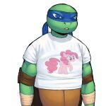  1:1 anthro armband bald blue_eyes clothing dreamscreep elbow_pads friendship_is_magic front_view green_body green_skin hasbro hi_res leonardo_(tmnt) male mask muscular muscular_anthro muscular_male my_little_pony pinkie_pie_(mlp) reptile scalie shaded shell shirt simple_background solo t-shirt teenage_mutant_ninja_turtles teenager tight_clothing topwear turtle turtle_shell white_background young 