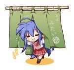  1girl :3 :d =_= ahoge arms_up bamboo black_socks blue_hair bow brown_footwear chibi closed_eyes collar colored_shadow commentary_request curtains gift_bag green_bag green_curtains grey_socks izumi_konata kanji katakana light_blush long_hair long_sleeves lucky_star messy_hair mole mole_under_eye mole_visible_through_hair motion_lines noren official_art open_mouth pleated_skirt raised_eyebrows red_collar red_skirt ryouou_school_uniform school_uniform second-party_source serafuku shadow shiny shiny_hair shirt simple_background skirt smile socks solo translation_request very_long_hair white_background white_shirt yoshimizu_kagami 
