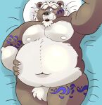 2022 absurd_res anthro bed belly big_belly black_nose brown_body furniture hi_res kemono lying m2vcjtad5hsdvla male mammal moobs navel nipples overweight overweight_male pillow solo tattoo ursid white_body 