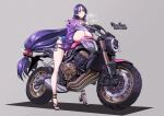  1girl bai_linqin breast_rest breasts choker clothes_lift denim denim_shorts fate/grand_order fate_(series) full_body grey_background ground_vehicle heavy_breathing highres huge_breasts jacket long_hair looking_at_viewer low-tied_long_hair minamoto_no_raikou_(fate) motor_vehicle motorcycle on_motorcycle purple_eyes purple_hair sandals shirt_lift shorts simple_background solo tank_top very_long_hair 