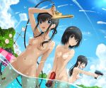  3girls :d ass_visible_through_thighs bangs bird black_eyes black_hair blue_eyes blue_sky blunt_bangs blurry blush bob_cut bokeh breasts bubble cleavage cloud commentary convenient_censoring depth_of_field finger_on_trigger geyser hair_between_eyes hand_up highres holding holding_water_gun hose kuchinawa_(skyks) legs_apart lens_flare long_hair looking_ahead looking_at_viewer low_twintails multiple_girls nipple_slip nipples original parted_lips seagull sexually_suggestive short_hair sky smile standing submerged target thigh_gap twintails two_side_up v_arms water water_gun water_stream 