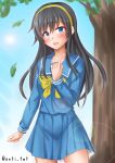  1girl anti_(untea9) artist_name asashio_(kancolle) black_hair blue_eyes blue_skirt cosplay hairband highres kantai_collection leaf long_hair ribbon school_uniform skirt tokimeki_memorial tokimeki_memorial_4 tree yellow_ribbon 