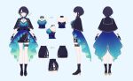  1girl annindoufu_(oicon) bangs bare_legs bare_shoulders belt belt_buckle blue_eyes blue_hair blue_skirt boots breasts buckle dress earrings from_behind from_side gloves jewelry large_breasts oceane_otoishi reference_sheet short_hair shoulder_blades skirt virtual_youtuber 