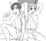  2boys :d ahoge anger_vein arm_support axis_powers_hetalia basket brothers clenched_teeth greyscale laurel_crown looking_at_viewer male_focus monochrome multiple_boys nipples northern_italy_(hetalia) robe roman_clothes siblings sitting smile southern_italy_(hetalia) teeth toga twitter_username v-shaped_eyebrows white_robe wwwizumiya 