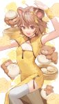  1girl :d animal_ears arm_up bamboo_steamer bangs baozi bear bear_ears bow breasts brown_eyes brown_hair china_dress chinese_clothes cleavage_cutout clothing_cutout commentary_request dress ear_bow feet_out_of_frame food hair_between_eyes highres kitada_mo original short_sleeves simple_background small_breasts smile solo standing standing_on_one_leg teeth thighhighs upper_teeth white_background white_thighhighs yellow_bow yellow_dress 