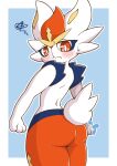  2021 acky05 ambiguous_gender anthro blue_background blush border butt cinderace fur generation_8_pokemon hi_res lagomorph looking_back mammal nintendo pokemon pokemon_(species) presenting presenting_hindquarters red_body red_eyes red_fur simple_background solo video_games white_body white_border white_fur 