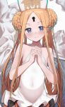  1girl abigail_williams_(fate) abigail_williams_(swimsuit_foreigner)_(fate) abigail_williams_(swimsuit_foreigner)_(second_ascension)_(fate) bad_id bad_twitter_id bangs bare_shoulders black_bow blonde_hair blue_eyes blush bow braid braided_bun double_bun dress_swimsuit fate/grand_order fate_(series) flat_chest forehead hair_bun hat highres interlocked_fingers keyhole lazu0721 long_hair looking_at_viewer mitre multiple_bows orange_bow own_hands_together parted_bangs smile solo swimsuit upper_body very_long_hair white_headwear white_one-piece_swimsuit 