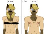  2022 anthro before_and_after blonde_hair breasts brown_body brown_fur brown_markings canid canine canis censor_bar censored censored_breasts censored_nipples cheek_tuft chest_tuft chin_tuft digital_drawing_(artwork) digital_media_(artwork) domestic_dog english_text facial_tuft female front_view fur german_shepherd hair herding_dog hi_res hybrid jackson_(zer0rebel4) male mammal manly markings masculization mastectomy_scar nipples nude pastoral_dog portrait purple_eyes scar tan_body tan_fur text trans_(lore) trans_man_(lore) tuft visibly_trans wolf zer0rebel4 
