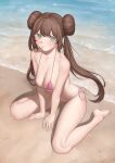  1girl absurdres areola_slip barefoot beach bikini breasts brown_hair cleavage closed_mouth collarbone day double_bun full_body green_eyes hair_bun halterneck highres large_breasts long_hair looking_at_viewer ni_(221) ocean outdoors pink_bikini pokemon pokemon_(game) pokemon_bw2 rosa_(pokemon) side-tie_bikini_bottom sitting solo string_bikini summer swimsuit wariza 