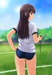  1girl ass blue_buruma blue_eyes blue_sky brown_hair buruma cloud commentary_request day grass gym_shirt gym_uniform hand_on_hip highres holding long_hair looking_at_viewer looking_back nonaka_ritsu original outdoors parted_lips profile shirt short_sleeves sky solo stopwatch sweat white_shirt 
