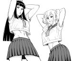  2girls absurdres arms_behind_head bb_(baalbuddy) bra_visible_through_clothes cowboy_shot greyscale highres hime_cut long_hair looking_at_viewer midriff monochrome multiple_girls pipimi pleated_skirt poptepipic popuko school_uniform serafuku shirt_overhang simple_background skirt 