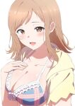  1girl blush breasts cleavage collarbone hand_on_own_chest highres idolmaster idolmaster_shiny_colors jacket large_breasts light_brown_hair looking_at_viewer medium_hair misaki_nonaka sakuragi_mano simple_background smile solo upper_body white_background yellow_jacket 
