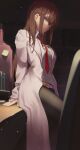  1girl absurdres bangs black_pantyhose blue_eyes brown_hair dress_shirt hair_between_eyes highres jacket long_hair looking_at_viewer makise_kurisu necktie nev_(nevblindarts) pantyhose parted_lips red_necktie shirt sitting solo steins;gate white_shirt 