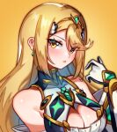  1girl bangs bare_shoulders blonde_hair breasts chest_jewel cleavage cleavage_cutout clothing_cutout dress earrings gem gloves headpiece jewelry large_breasts long_hair mythra_(xenoblade) solo swept_bangs tiara very_long_hair white_dress white_gloves xenoblade_chronicles_(series) xenoblade_chronicles_2 yagi_(kyuhyun) yellow_eyes 