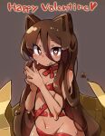  1girl :q animal_ears blush breasts brown_eyes brown_hair cat_ears chocolate chocolate_girl choker closed_mouth commentary_request cowboy_shot dark-skinned_female dark_skin english_text grey_background groin gunjima_souichirou hair_ornament hands_up happy_valentine heart heart-shaped_pupils long_hair looking_at_viewer monster_girl naked_ribbon navel original out-of-frame_censoring own_hands_together red_ribbon ribbon ribbon_choker slime_girl small_breasts smile solo symbol-shaped_pupils tongue tongue_out valentine very_long_hair white_background 
