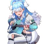  021_shiro 1girl absurdres antenna_hair blue_hair blue_nails blush closed_eyes crop_top earrings guitar highres holding holding_instrument holding_plectrum hololive hololive_indonesia instrument jewelry kobo_kanaeru long_hair long_sleeves multicolored_hair music navel open_mouth pants playing_instrument plectrum smile solo stud_earrings transparent_background virtual_youtuber white_hair white_pants 