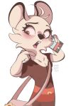  2022 anthro black_nose blush cellphone clothed clothing digital_media_(artwork) fur hi_res holding_cellphone holding_object holding_phone inner_ear_fluff mammal open_mouth phone simple_background solo tan_body tan_fur tohupo tuft white_background 