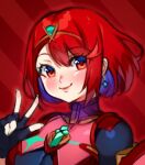  1girl bangs black_gloves breasts chest_jewel earrings fingerless_gloves gem gloves headpiece jewelry large_breasts pyra_(xenoblade) red_eyes red_hair short_hair solo swept_bangs tiara xenoblade_chronicles_(series) xenoblade_chronicles_2 yagi_(kyuhyun) 
