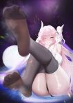 1girl absurdres arm_up armpits ass bangs bare_shoulders black_panties black_thighhighs blush commission dress elf elysia_(herrscher_of_human:ego) elysia_(honkai_impact) full_body hair_ornament highres honkai_(series) honkai_impact_3rd long_hair looking_at_viewer no_shoes panties pink_eyes pink_hair pointy_ears presenting_foot soles solo thighhighs thighs toes underwear ursica white_dress 