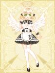  1girl :d apron bangs black_bow black_dress black_footwear blonde_hair blush bow breasts cleavage copyright_request dress feathered_wings frilled_apron frills full_body green_eyes hair_between_eyes hair_intakes halo hand_up maid maid_headdress medium_breasts shikito shoes short_sleeves smile solo standing standing_on_one_leg star_(symbol) thighhighs white_apron white_thighhighs white_wings wings wrist_cuffs 