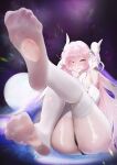  1girl absurdres arm_up armpits ass bangs bare_shoulders black_panties blush commission dress elf elysia_(herrscher_of_human:ego) elysia_(honkai_impact) full_body hair_ornament highres honkai_(series) honkai_impact_3rd jewelry long_hair looking_at_viewer no_shoes panties pink_eyes pink_hair pointy_ears presenting_foot soles solo thighhighs thighs toe_ring toes torn_clothes torn_legwear underwear ursica white_dress white_thighhighs 