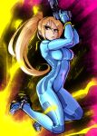  1girl absurdres blonde_hair blue_bodysuit blue_eyes bodysuit breasts commentary covered_navel english_commentary full_body gingrjoke gun high_heels high_ponytail highres holding holding_gun holding_weapon long_hair looking_away metroid mole mole_under_mouth ponytail samus_aran skin_tight solo super_smash_bros. v-shaped_eyebrows weapon zero_suit 
