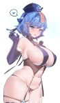  1girl absurdres blue_eyes blue_hair breasts cleavage covered_nipples gloves hair_ornament hat heart highres large_breasts looking_at_viewer mendou_kusai navel original panties revealing_clothes short_hair sideboob smile solo thick_thighs thigh_strap thighs thong underwear 