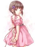  1girl arms_behind_back brown_eyes brown_hair choker closed_mouth dress hair_ornament looking_at_viewer lowres pink_dress reala_(tales) ribbon sensaki_chihiro short_hair simple_background smile solo tales_of_(series) tales_of_destiny_2 very_short_hair white_background 