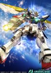  clenched_hand cloud copyright_name flying green_eyes gun gundam gundam_arsenal_base gundam_wing holding holding_gun holding_weapon logo looking_down mecha mechanical_wings mobile_suit no_humans official_art robot science_fiction sky solo ultimateinudog v-fin weapon wing_gundam wings 