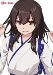  1girl 4690_(tkpbsk) alternate_hairstyle bangs blush brown_eyes brown_hair hair_between_eyes hair_down japanese_clothes kaga_(kancolle) kantai_collection long_hair looking_at_viewer one-hour_drawing_challenge parted_lips simple_background solo tasuki twitter_username upper_body white_background 