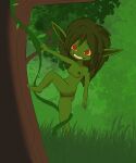  absurd_res climbing female forest goblin green_body green_hair green_skin hair hi_res humanoid humanoid_pointy_ears plant red_eyes sharp_teeth solo teeth tree yellow_sclera 