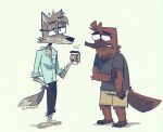  anthro beak beverage black_bottomwear black_clothing black_pants bottomwear brown_body canid canine canis clothing coffee duo eyewear fur glasses grey_clothing grey_shirt grey_topwear hi_res male mammal monotreme pants platypus shirt shorts simple_background standing stellizard topwear wolf 