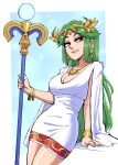  1girl absurdres adapted_costume bangs black_eyeshadow breasts cleavage collarbone dress earrings eyeshadow gingrjoke green_hair hair_behind_ear half-closed_eyes highres holding holding_staff jewelry kid_icarus kid_icarus_uprising leaning_back long_hair makeup medium_breasts necklace palutena parted_lips smile solo staff white_dress 