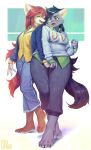  2018 absurd_res anthro aruurara barefoot black_hair blush canid canine clothed clothing duo eyes_closed feet female fur grey_body grey_fur hair hand_holding hi_res intimate kemono looking_at_another mammal melissa_(aruurara) orange_body orange_fur personal_space_invasion red_eyes red_hair slightly_chubby thick_thighs walking walking_together 
